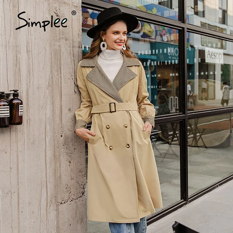 Simplee Elegant apricot autumn winter women wind coat Office lady lace up female trench coat Causal straight fashion long coat