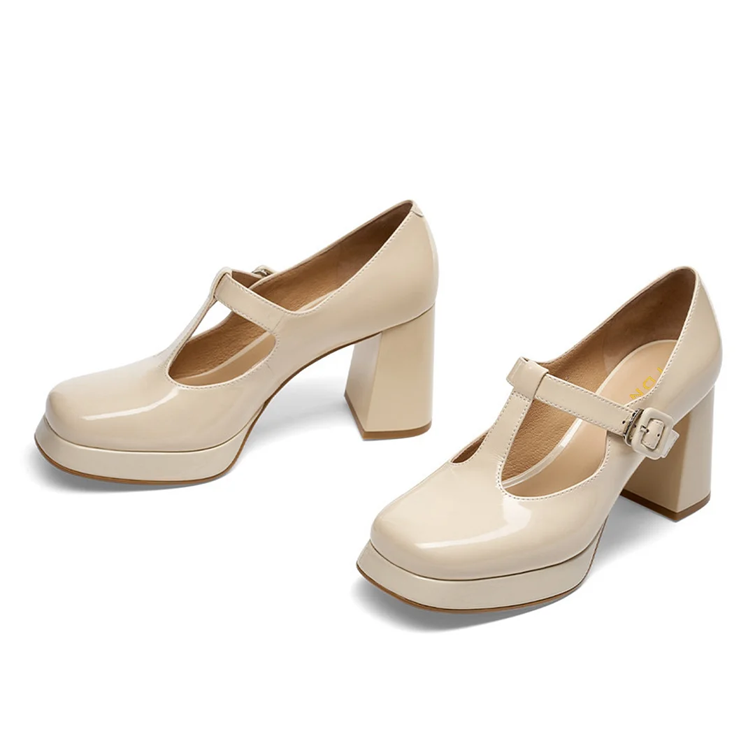Beige Patent Leather Square Toe Platform Mary Janes with Block Heel