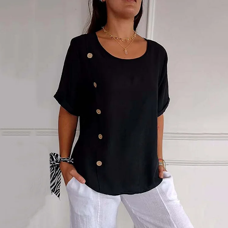 Casual Solid Color Buttoned Round Neck Cotton And Linen T-Shirt