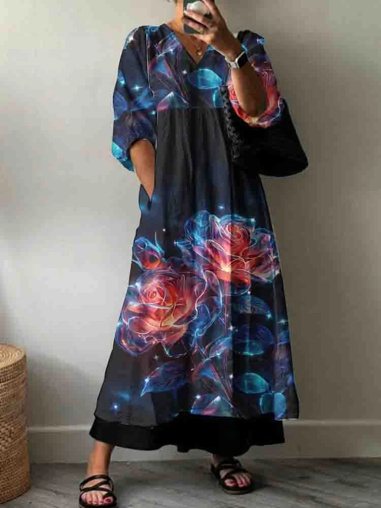WomenS Holiday Rose Floral Pattern Cotton Dress