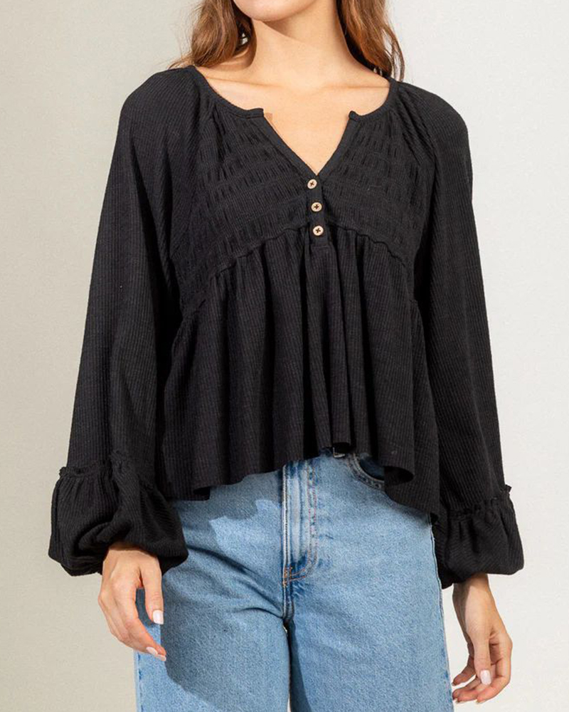 Pleated Detail V Neck Buttons Puffed Long Sleeve Blouse
