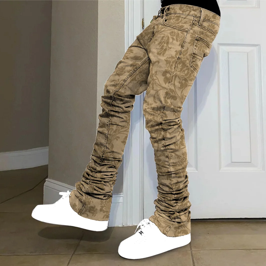 Retro print trendy brand pile pants jeans