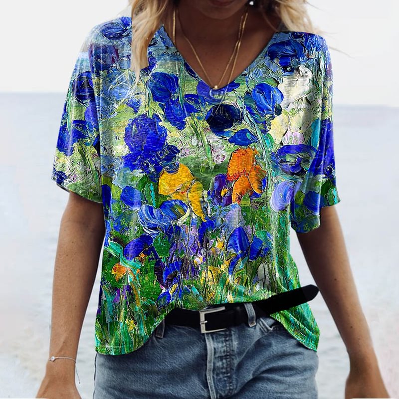 Oil Painting Blue Flower Printed Women's T-shirt
