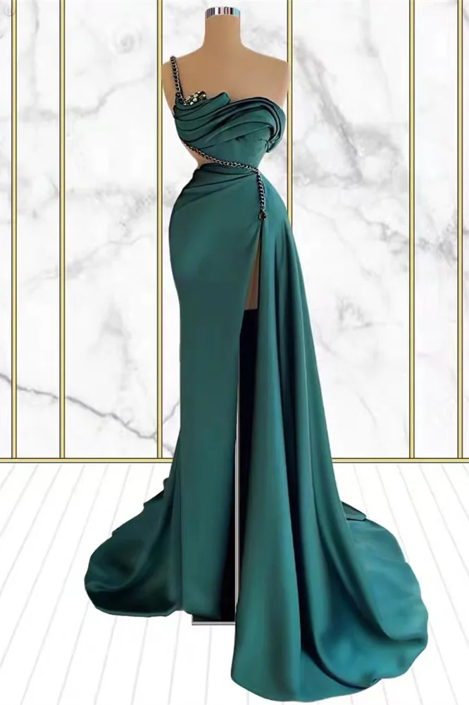 Miabel One Shoulder Rhinestone Mermaid Emerald Prom Dress With Split