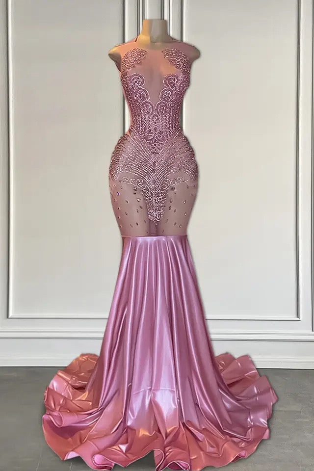Classy Pink Sleeveless Mermaid Evening Gown Long With Beadings - lulusllly
