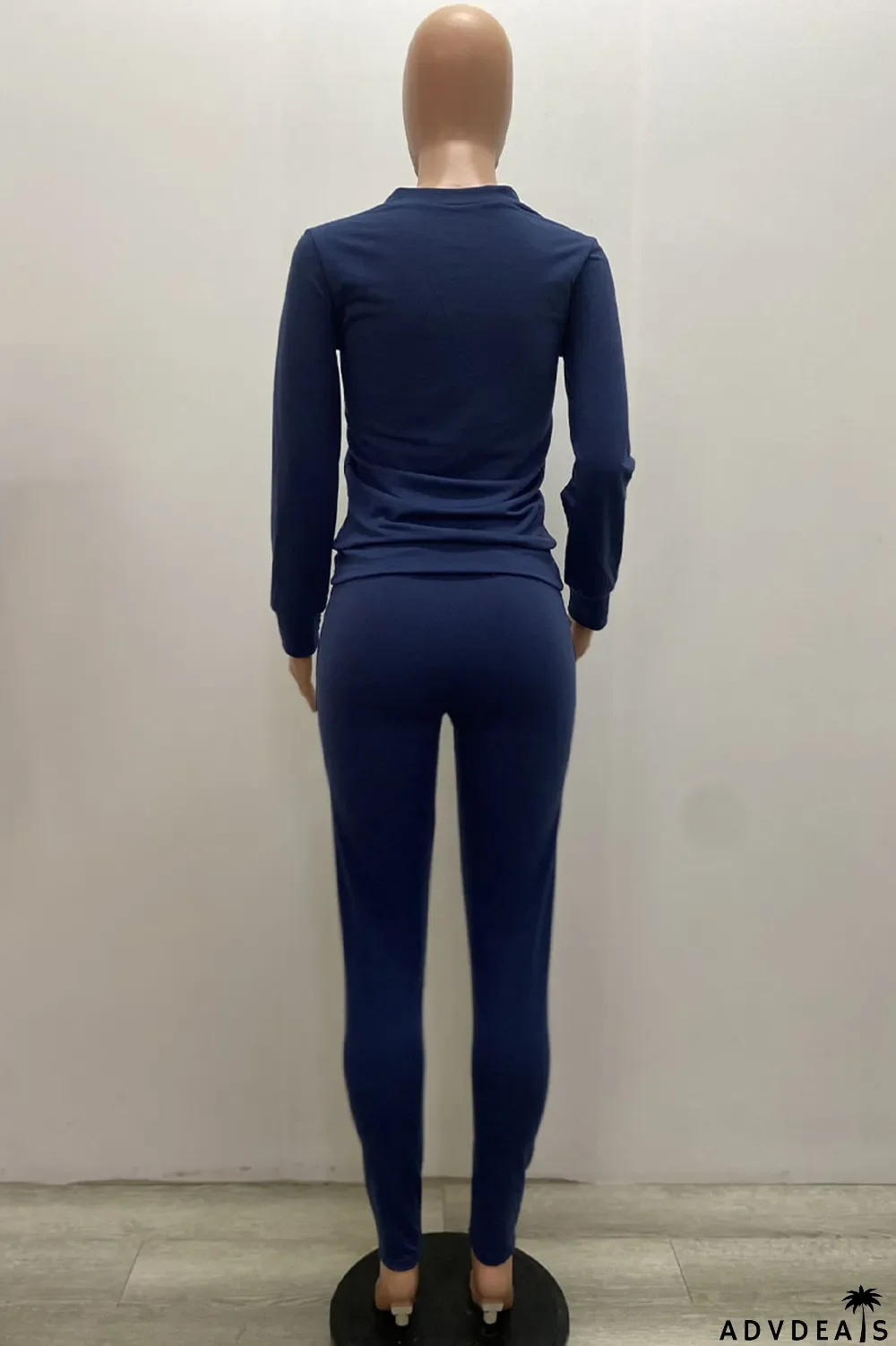 Royal blue Daily Solid Split Joint Pocket O Neck Long Sleeve Regular Sleeve Regular Two Pieces