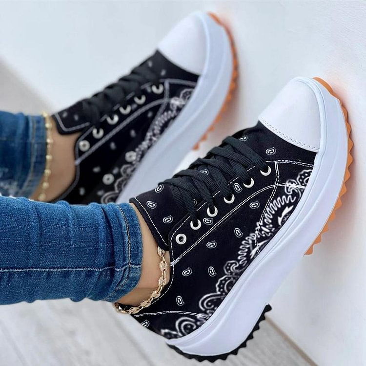 Women's Casual Daily Canvas Print Lace-up Platform Heel Sneakers