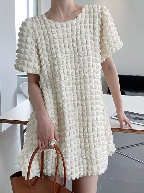 Original Solid Color Split-Joint Round-Neck Bishop Sleeves Mini Dress