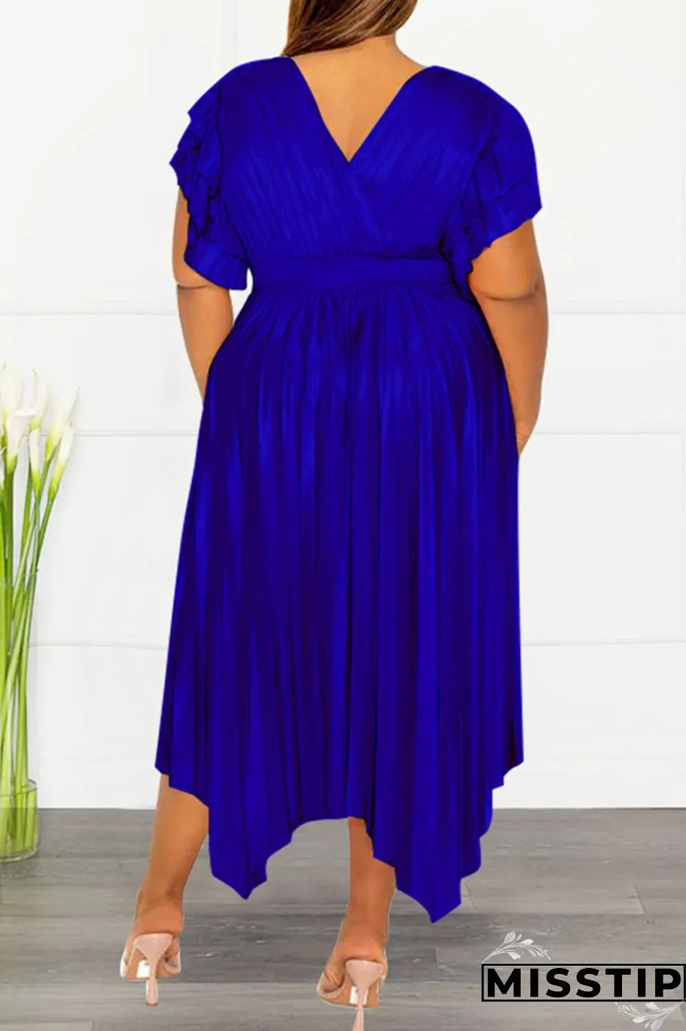 Pink Casual Solid Patchwork V Neck Pleated Plus Size Dresses
