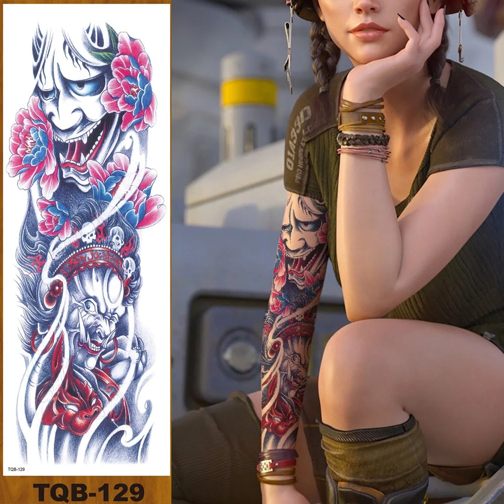 Full Flower Arm Temporary Tattoo Sticker Man Woman Body Leg Fake Tatoo Skull Night Demon Grim Reaper Good and Evil Waterproof