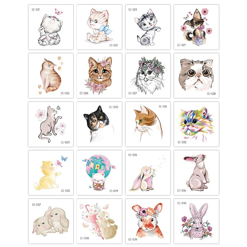 20Pcs/Set No Repeat Cute Pets Waterproof Temporary Tattoo Stickers Body Art Disposable Cover Imperfections tatouage temporaire