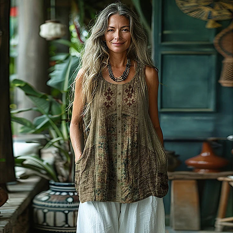 Utbros Vintage Tribal Art Sleeveless Linen Blend Tank Top