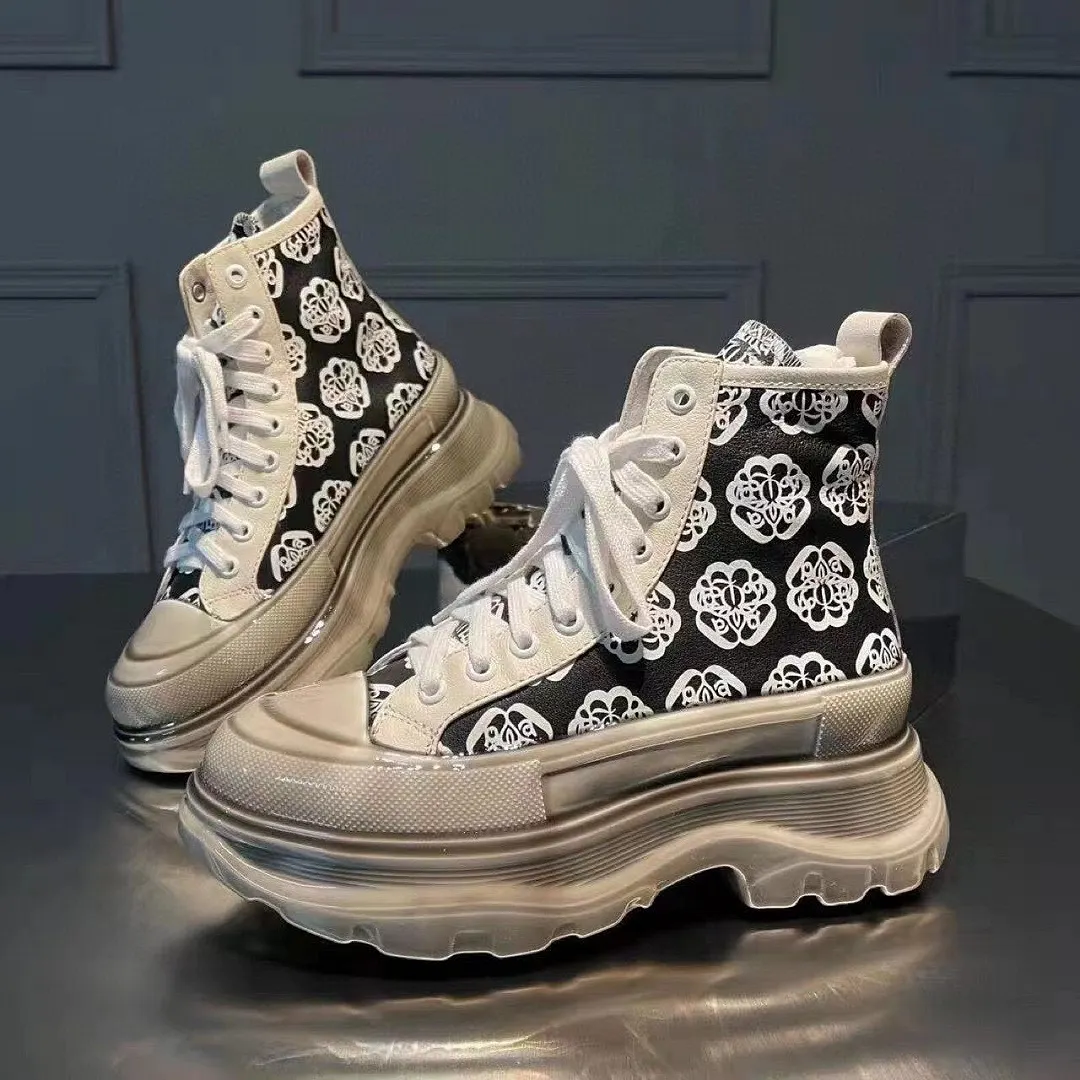 New 2021 Autumn Winter Cowhide Trendy Thick Sole Chic Flower Shoes Women's Shoes Platform Shoes Female Casual Pink Daddy Shoes