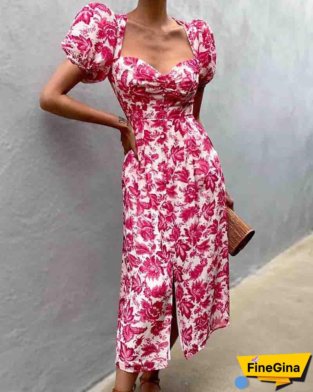Floral Print Shirred Skinny Waist Puff Sleeve Slit Maxi Dress P11911