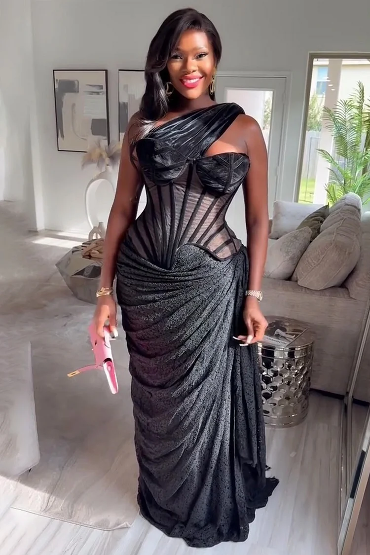One Shoulder Corset Patchwork Wrinkle Party Maxi Dresses-Black [Pre Order]