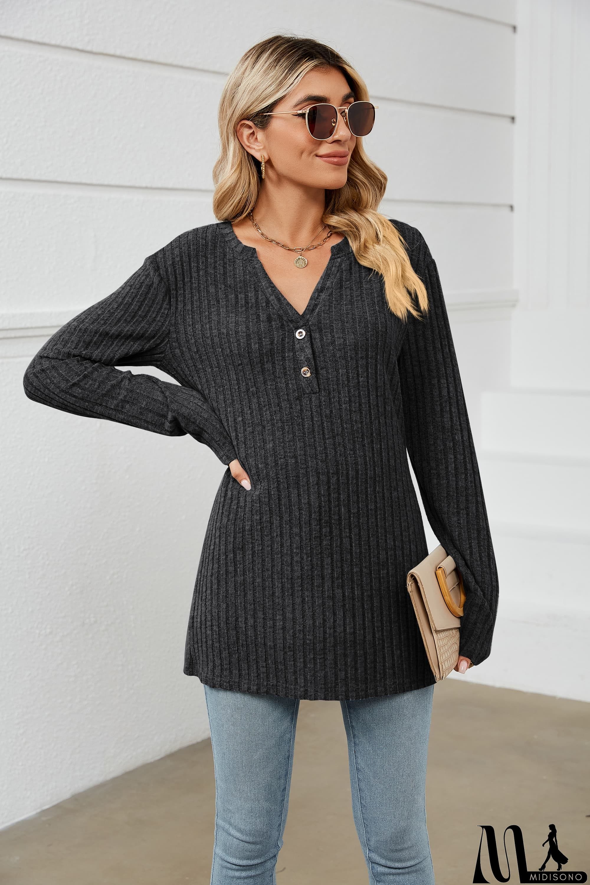 MidiSono - Notched Neck Ribbed Long Sleeve T-Shirt