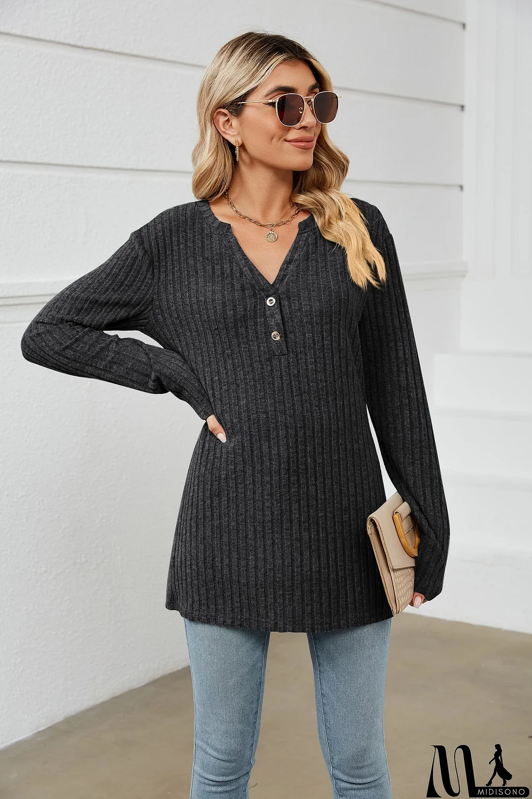 MidiSono - Notched Neck Ribbed Long Sleeve T-Shirt