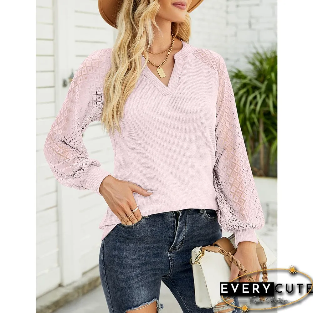 Pink Splicing Lace Long Sleeve V Neck Tops