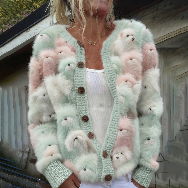Women's Cute Dog Pattern Cozy Knit Sewater Cardigan elevenforest