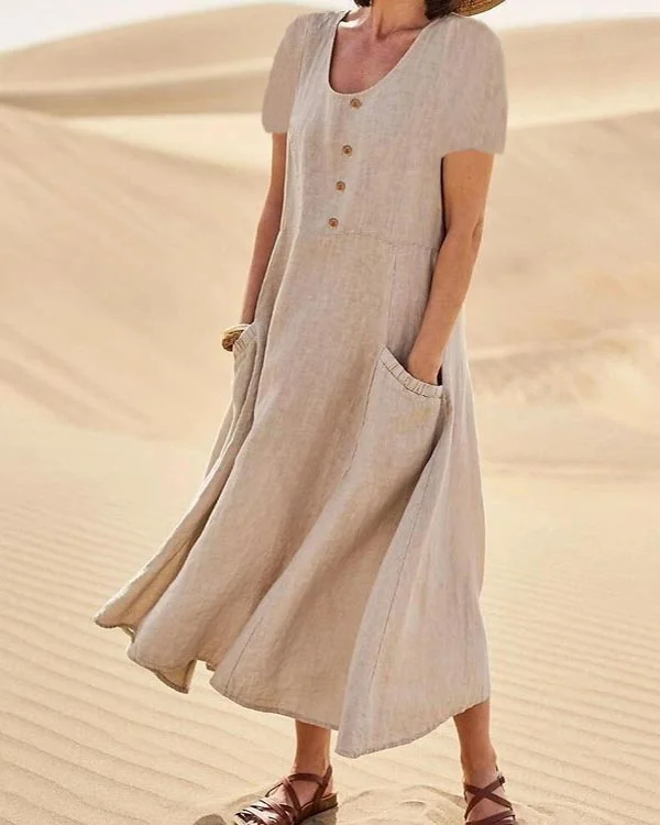 Women's Short Sleeve Button Cotton Linen Dress