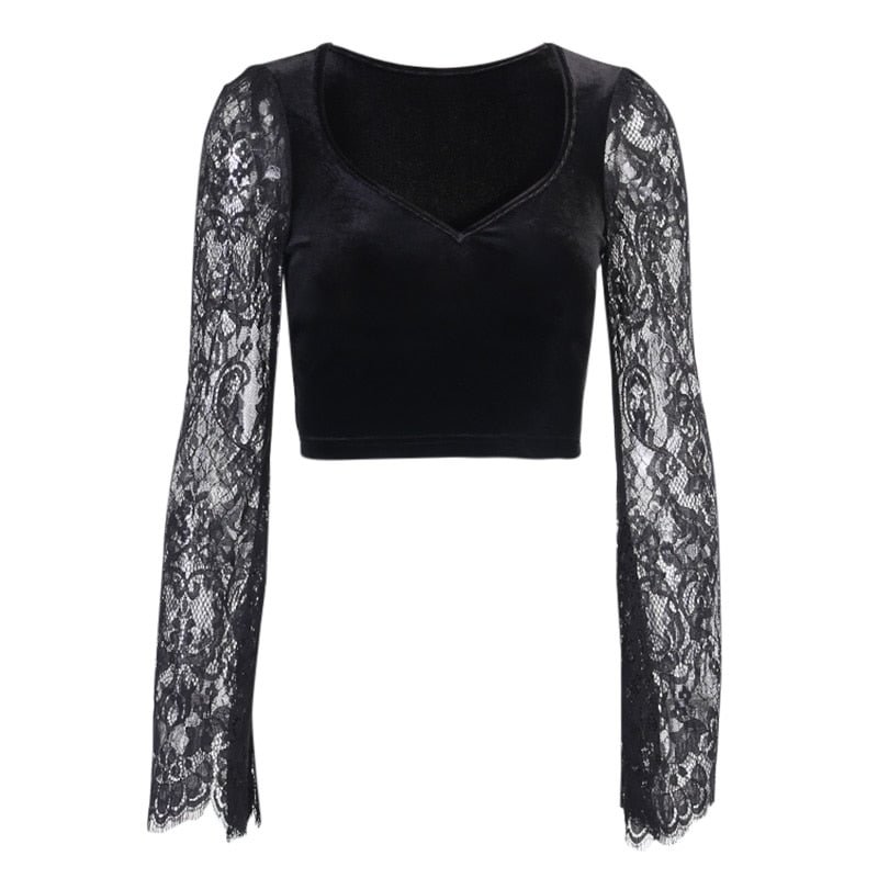 InsGoth Gothic Sexy V Neck Lace Black Tops Harajuku Vintage Velvet Bodycon Crop Top Women Autumn Transparent Long Sleeve Tops