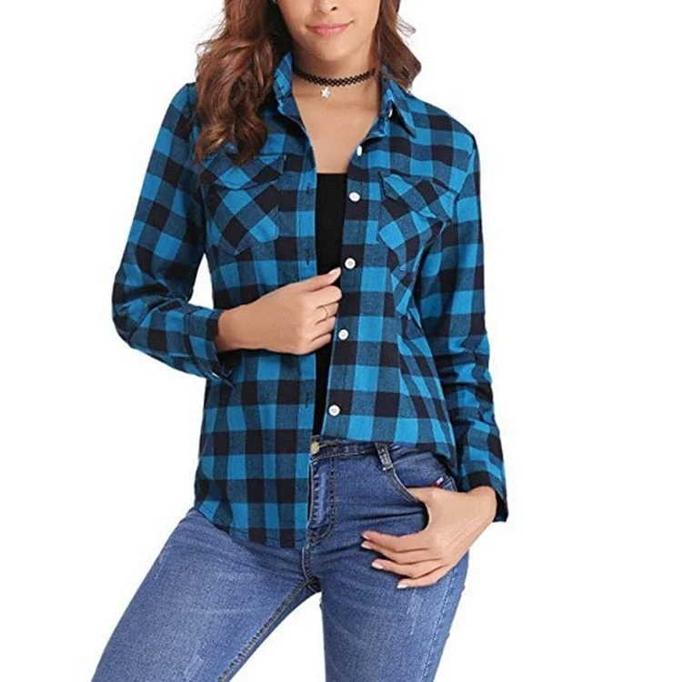 Plaid Shirts Womens Blouses Long Sleeve Two Pockets Slim Lady Tops Female Clothes Outwear Blue Red White