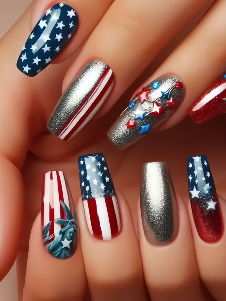 Red, White And Blue Star-shaped Pattern False Nails artswardrobe