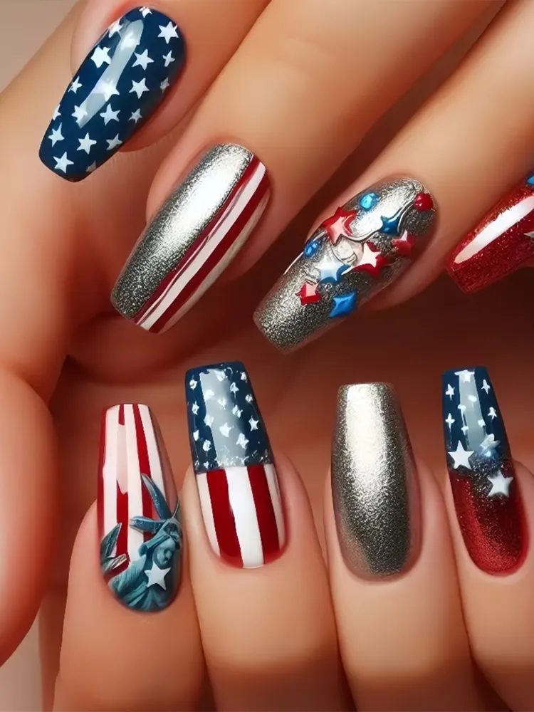 Red, White And Blue Star-shaped Pattern False Nails