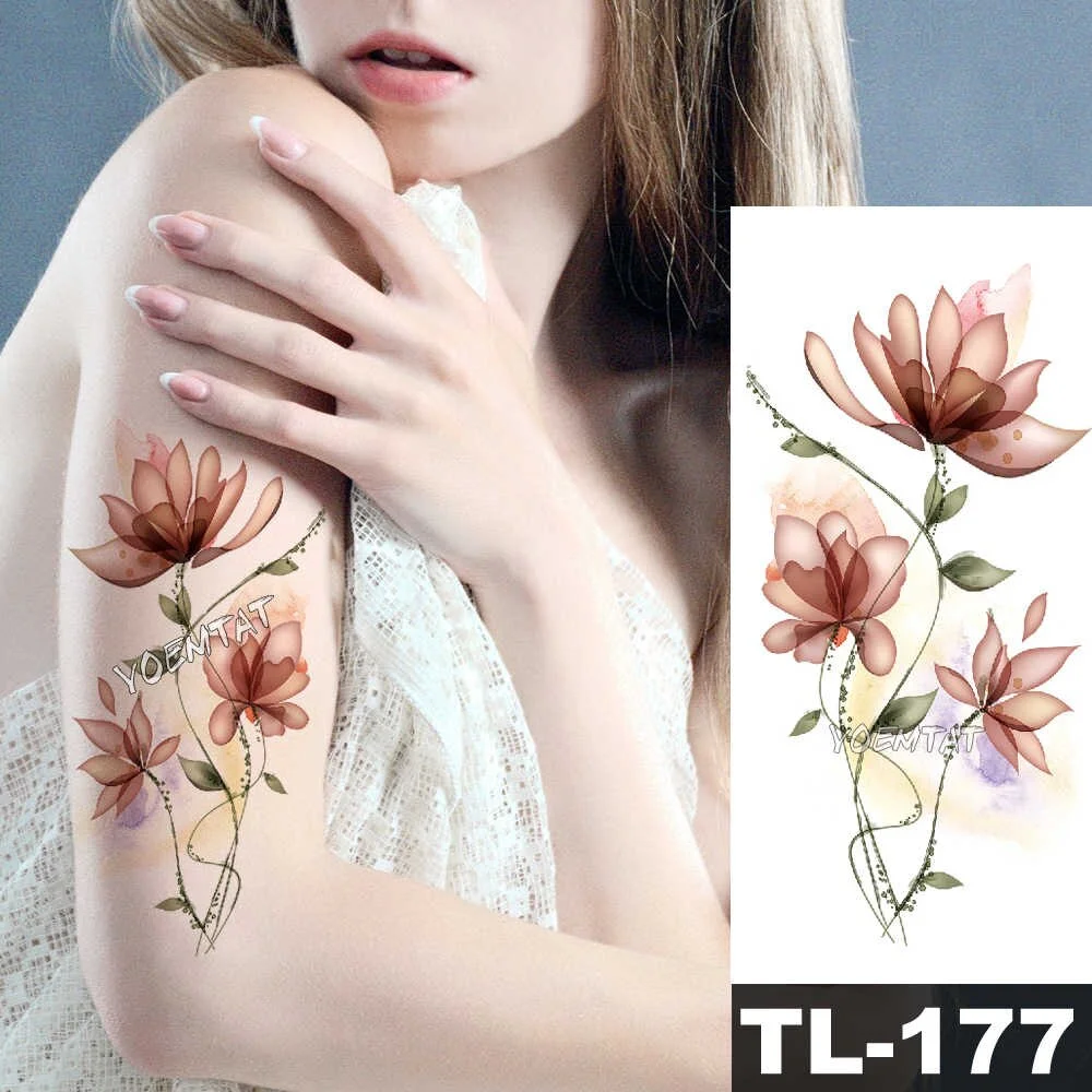 Sdrawing Watercolor Rose Lily Flower Waterproof Tattoo Stickers Women Body Chest Art Temporary Tatto Girl Waist 3D Flowers Tatoo