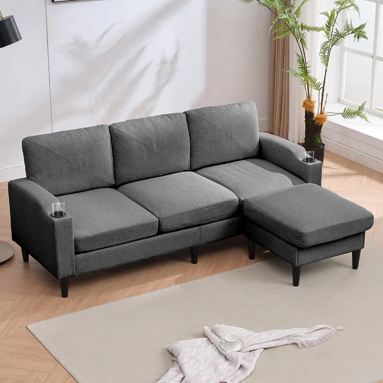 ijuicy Sectional Sofa with Storage Ottoman, Linen Upholstered 3 Seater Sofa with Cupholders, L-Shaped Sectional Couch, Living room Furniture Set, Small Sectional Sofa For Living Room Dark Grey