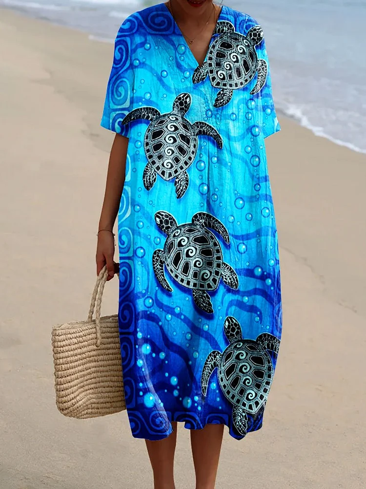 Women's Vintage Ocean Turtle Art Print Flowy Dress