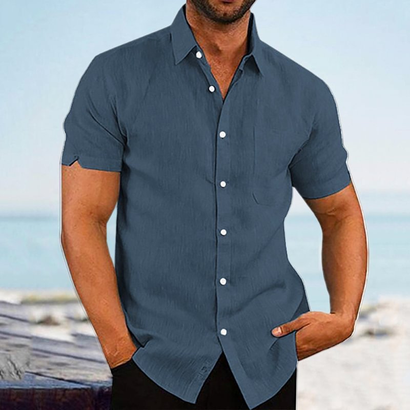 Men's Solid Color Short-Sleeved Linen Buttons Shirt