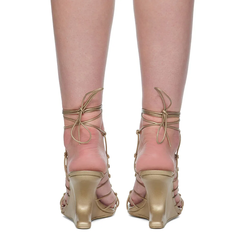 Square Toe Knotted Strap Wedge Heel Lace-Up Gold Sandals for Women