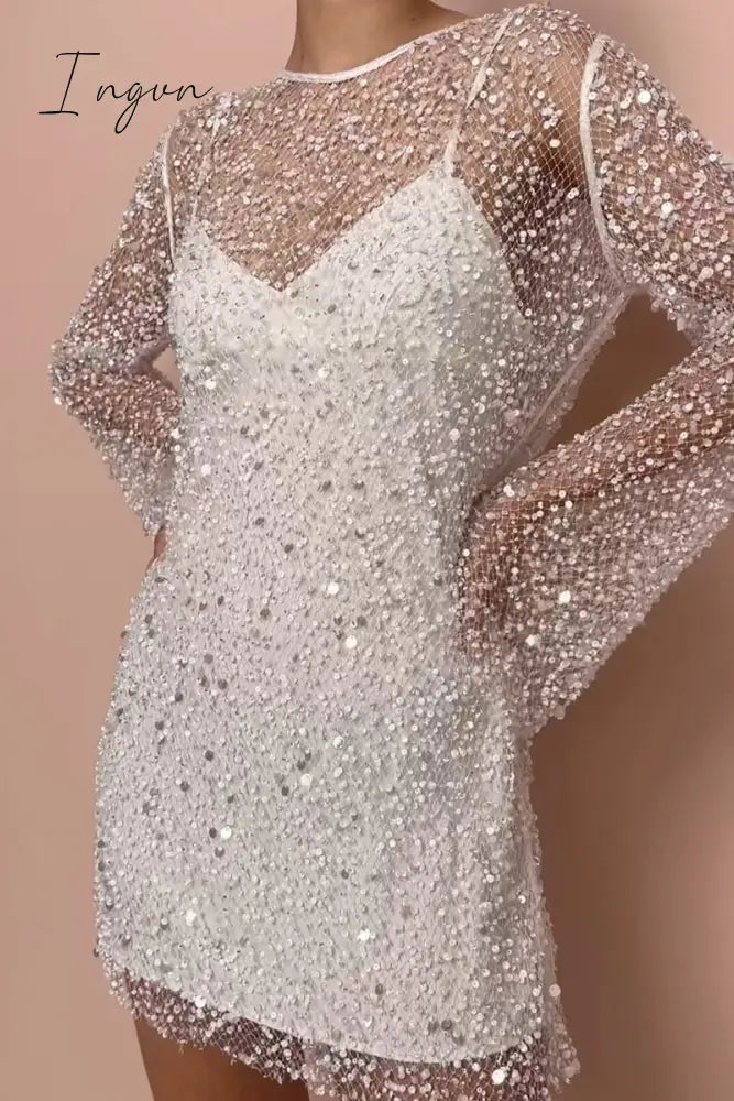 Ingvn - Sexy Solid Mesh O Neck Long Sleeve Two Pieces White / S Pieces/Two-Piece Dress