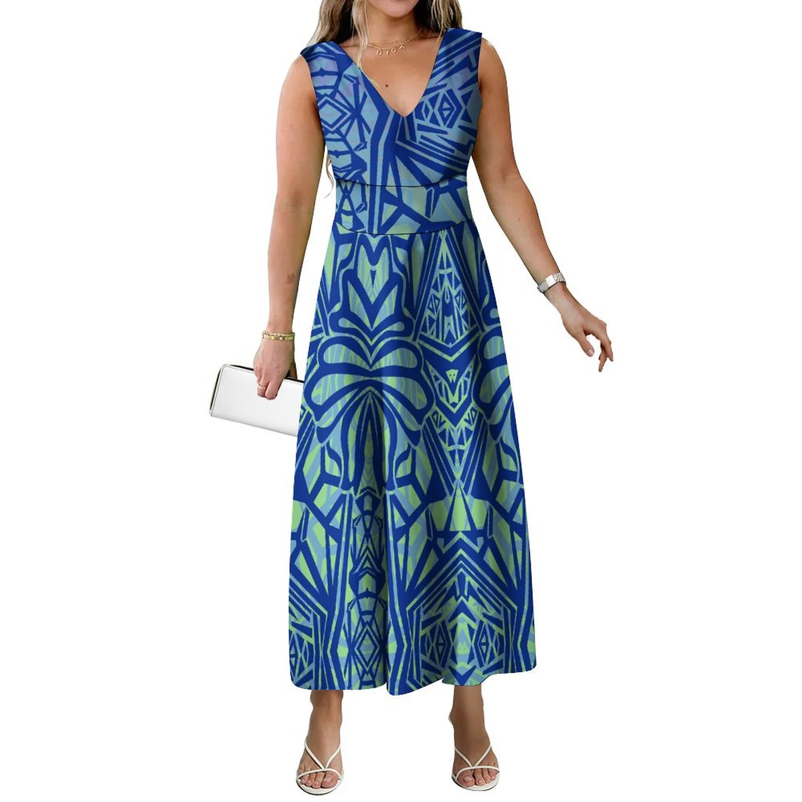 Tozwheels Pacific Island Art Print Ladies Dress Maxi Polynesian Women'S Summer Dress Soft Fabric Women'S High Quality Casual V-Neck Dress