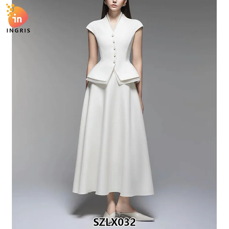 Spring Summer Half Skirt V-Neckline Waist Thin Suits Plus Size Solid Pattern Floor-Length Half-SZLX032