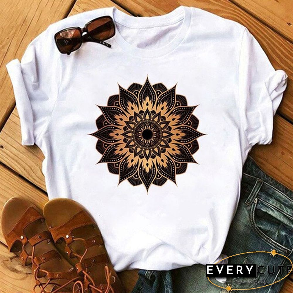 Maycaur New Mandala Floral Printed T Shirt Women Casual Fashion T-shirt Loose Short Sleeve 90s Girls Aesthetics Black Tshirt Top