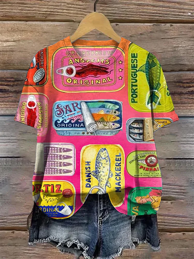 Vintage Sardines Can Print Round Sleeve Short Sleeve T-Shirt