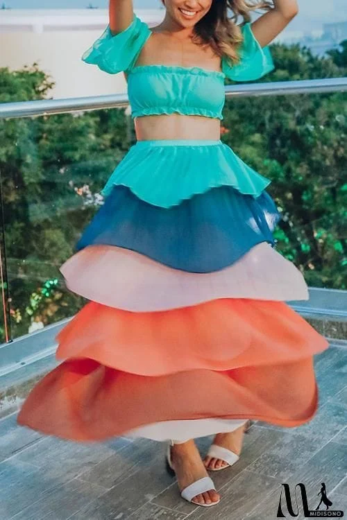 MidiSono - Pleat Layers Off Shouder Skirt Dress