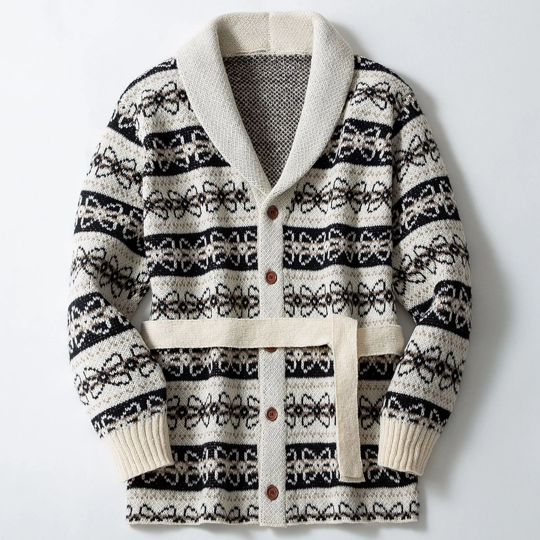 Uveng Uveng Men's Autumn And Winter Thickened Plus-Flower Sweater Mid-Long T-Shirt Belt Knitted Jacket SY0073