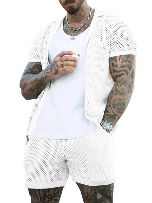 Mature Men Short-sleeved Shorts Knit Lapel Cardigan Two Piece Set Suit
