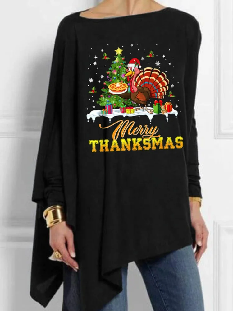 Wearshes Merry Thanksmas Turkey Print Irregular T Shirt