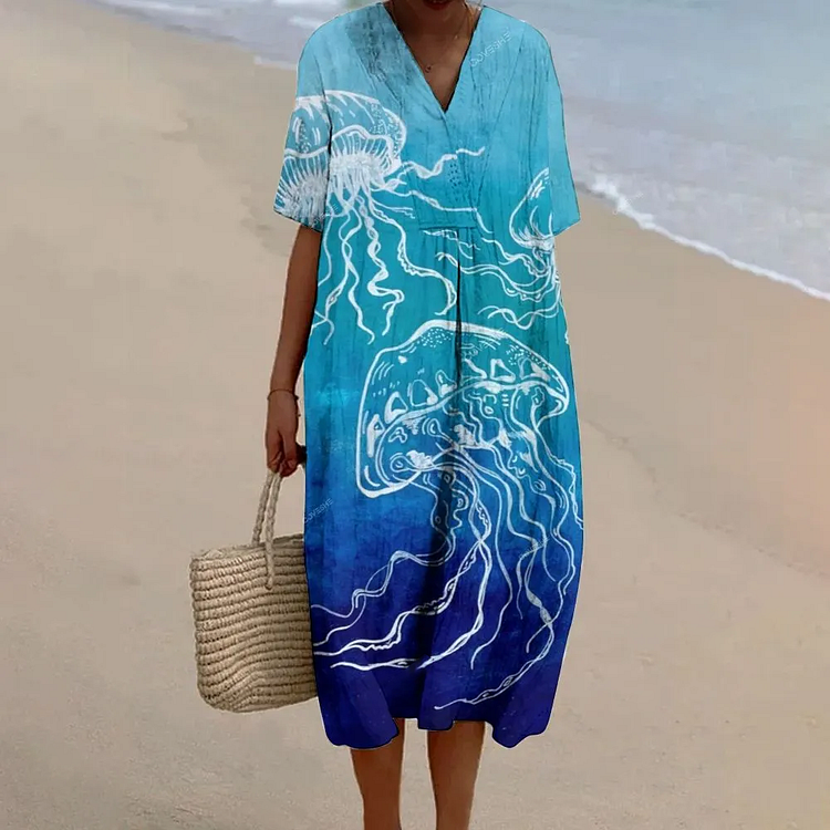 Women's Blue Gradient Hand Drawn Jellyfish Pattern  Art Print Flowy Dress