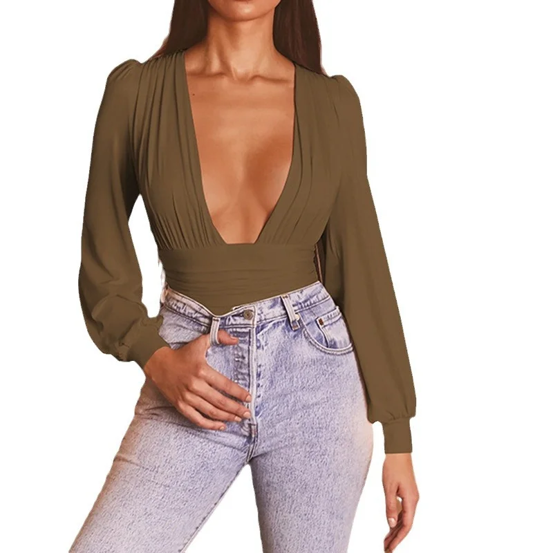 Uveng Uveng And Autumn Jacket Women's Sexy Long Sleeves Deep V Waist Pleated Temperament Jumpsuit