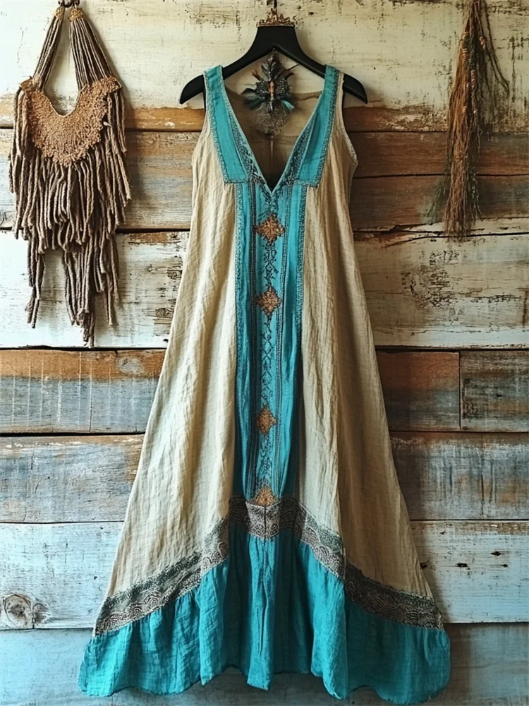 VChics Vintage Ethnic Embroidered Turquoise Contrast Linen Tank Dress