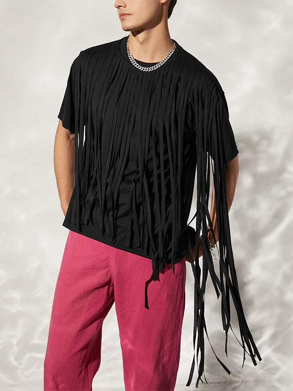 Aonga - Mens Irregular Long Fringe Cut Burnout T-Shirt