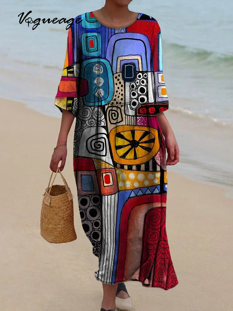 Fashionable And Creative Patterns Printed Women's Casual Cotton And Linen Dress