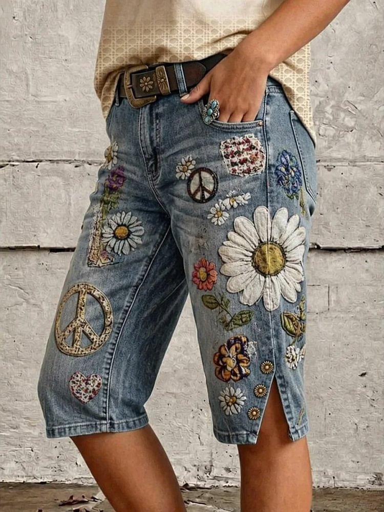 Women's Retro Daisy Peace Sign Patchwork Print Mid-Length Split Hem Denim Bermuda Shorts