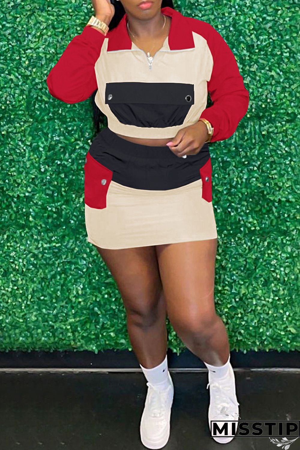 Cream White Fashion Casual Patchwork Basic Turndown Collar Long Sleeve Two Pieces