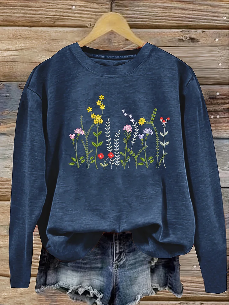 Women's Long-Sleeve Wildflower Print Crew Neck Sweatshirt - Casual, Loose-Fitting, All-Season Top With Vibrant Floral Design, Multiple Colors Available, S-Xxl, Casual Wear | Floral Print Top | Comfortable Fit, Ladie